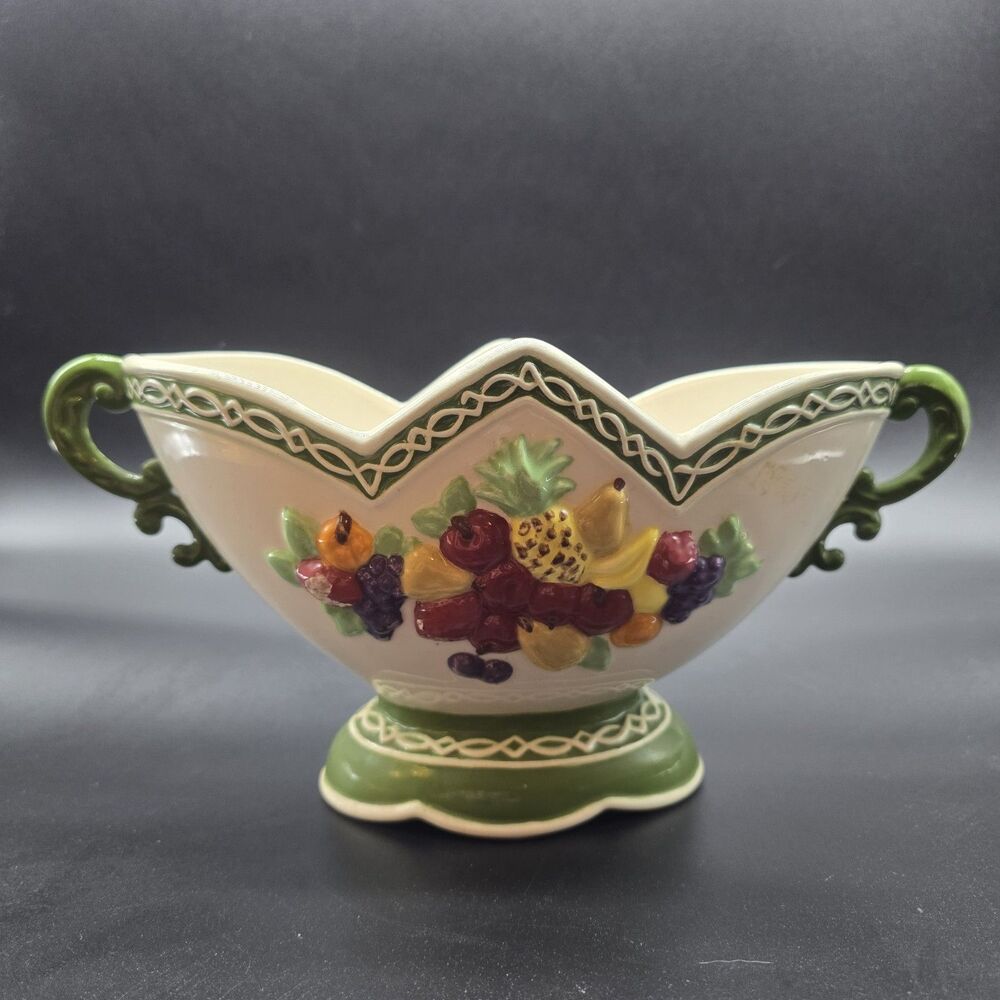 Vintage Porcelain Double Handle Jardiniere Planter Fruit MCM Footed